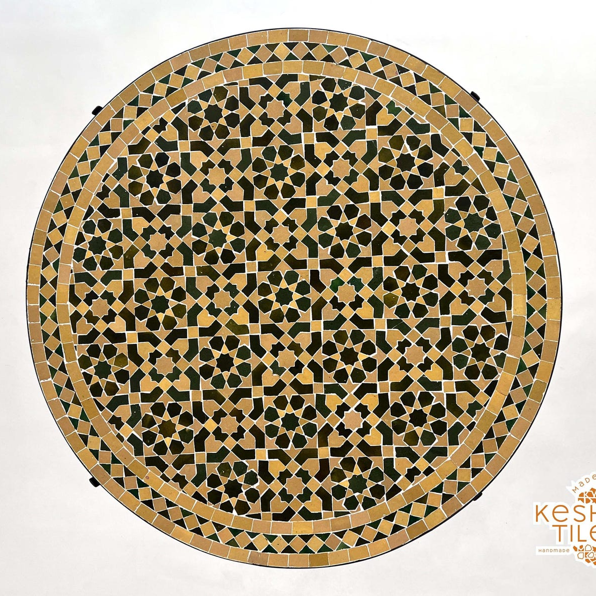 ZELLIJE MOSAIC TABLE, Handmade Round Green Tamegrout And Light Beige Table