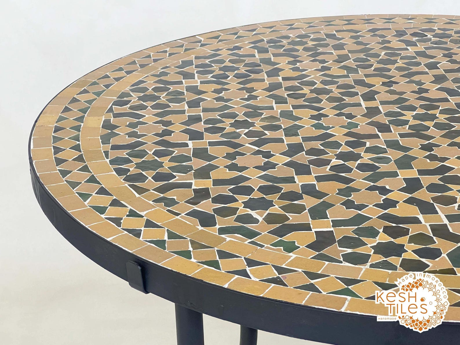 ZELLIJE MOSAIC TABLE, Handmade Round Green Tamegrout And Light Beige Table