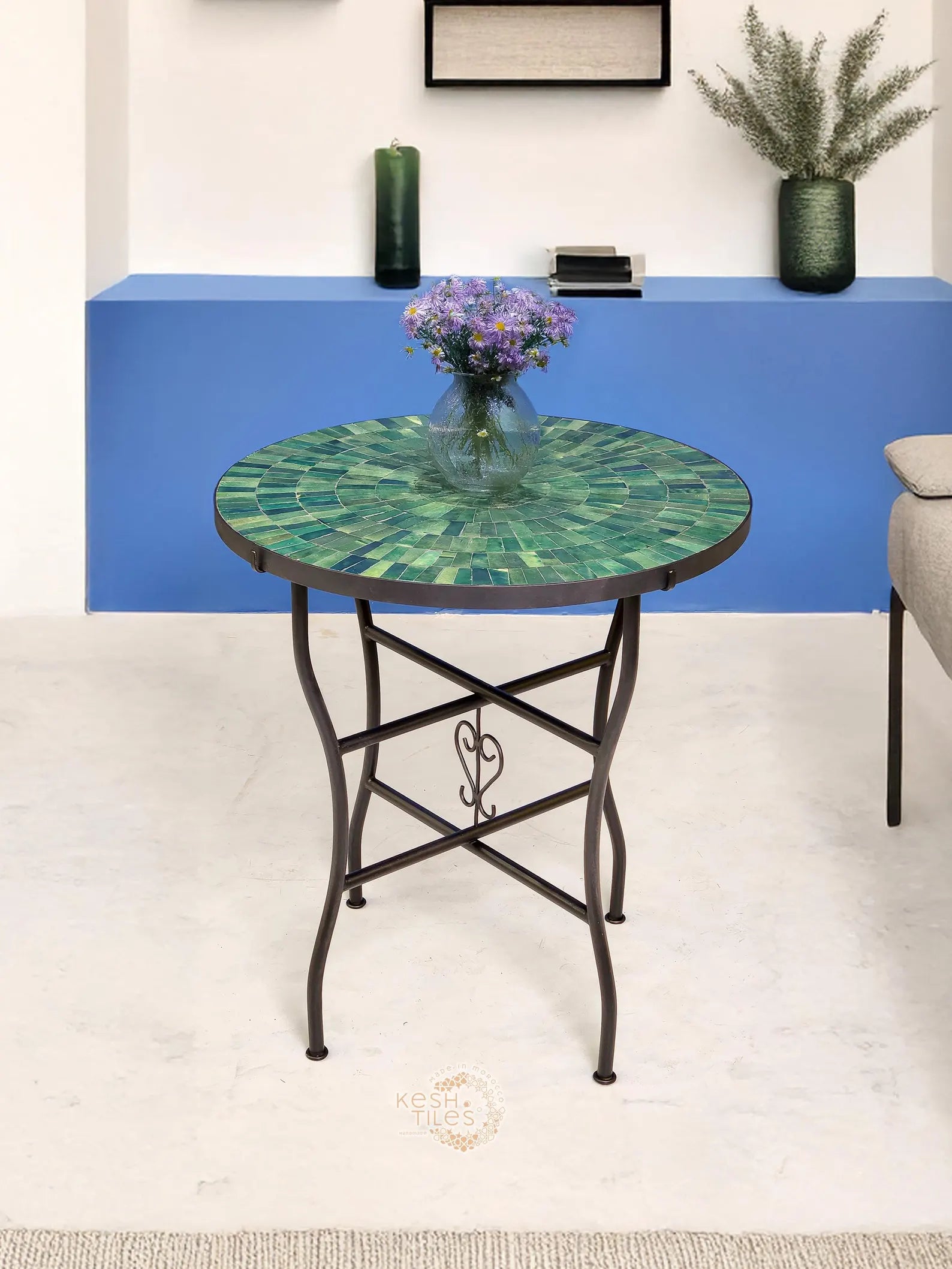 SPECTACULAR MOSAIC TABLE, Custom Made Green Tamegroute Round Table, Traditional Andalus Design, Luxurious Outdoor Table For Garden And Patio