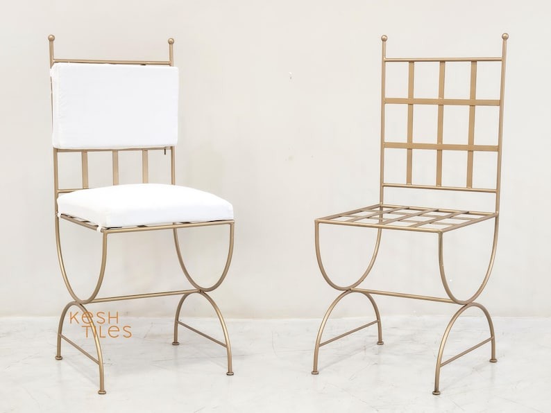 Abeer - Golden Wrought Iron Chair, Handmade Moroccan Stool with Cushion