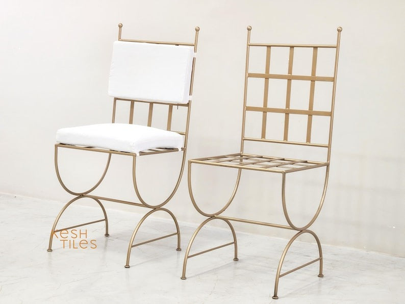 Abeer - Golden Wrought Iron Chair, Handmade Moroccan Stool with Cushion