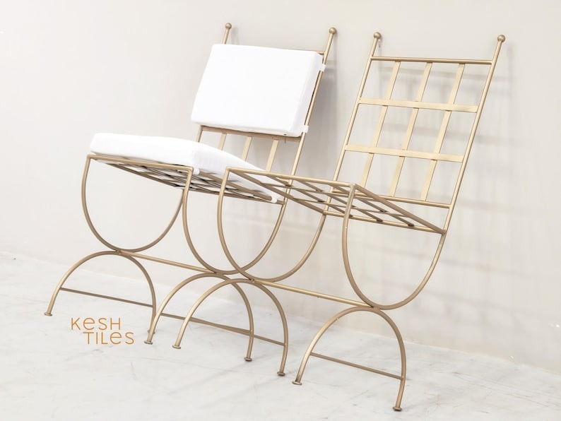 Abeer - Golden Wrought Iron Chair, Handmade Moroccan Stool with Cushion