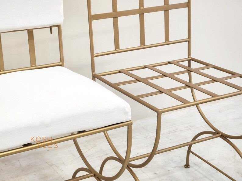 Abeer - Golden Wrought Iron Chair, Handmade Moroccan Stool with Cushion