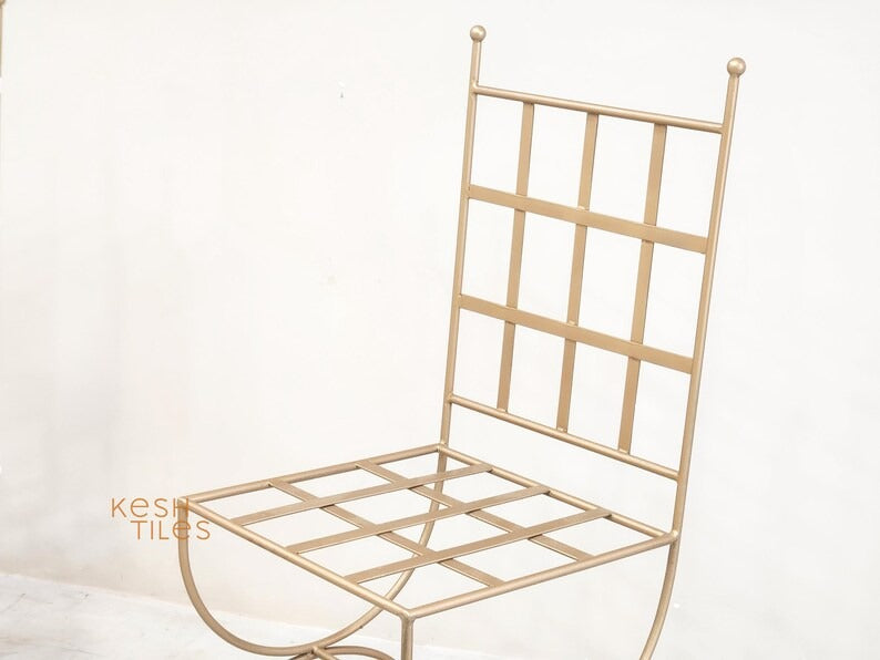 Abeer - Golden Wrought Iron Chair, Handmade Moroccan Stool with Cushion