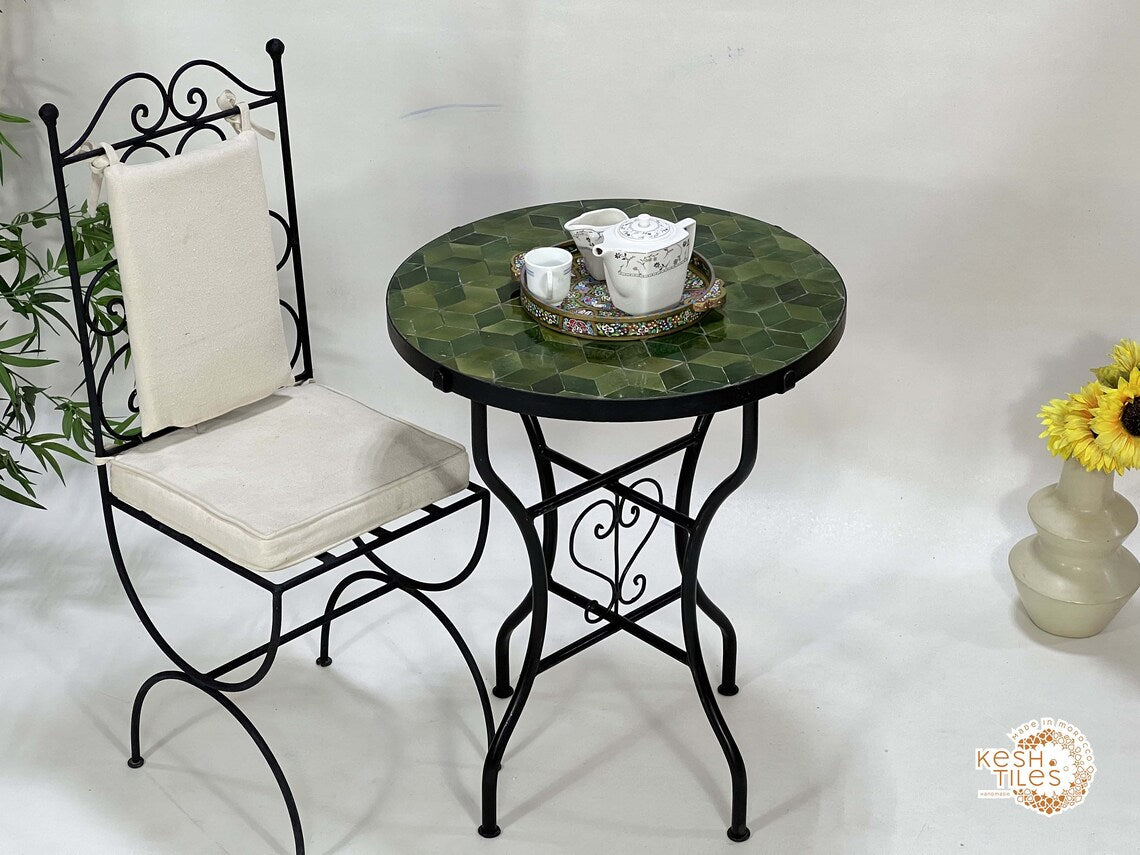 Amina - Seaweed Green Mosaic Table, Geometric Ceramic Outdoor Table