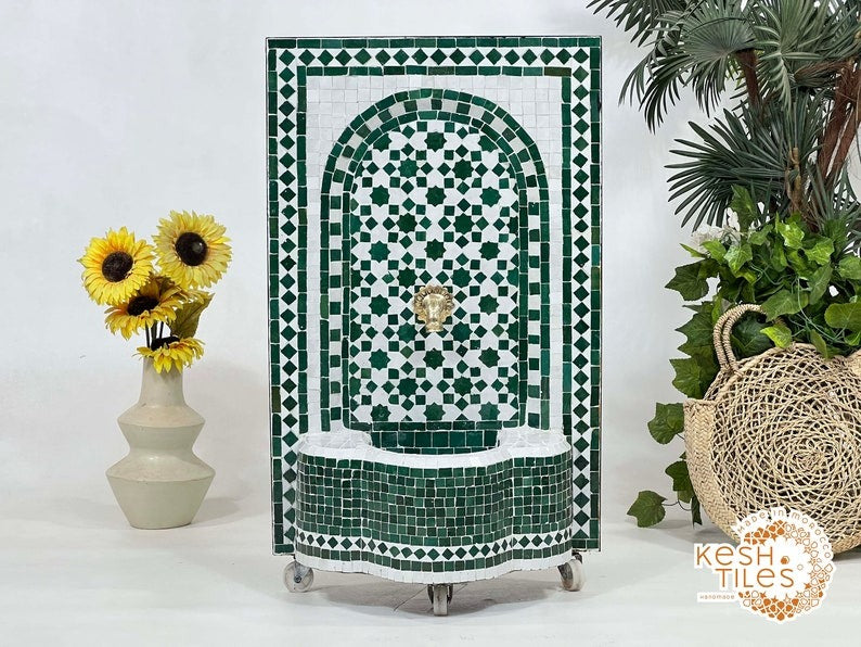 Azrou - Emerald Green Mosaic Fountain, Moroccan Zellige Indoor Outdoor Fountain