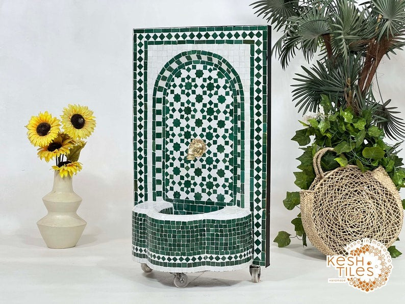 Azrou - Emerald Green Mosaic Fountain, Moroccan Zellige Indoor Outdoor Fountain