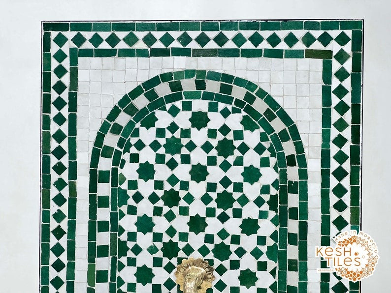 Azrou - Emerald Green Mosaic Fountain, Moroccan Zellige Indoor Outdoor Fountain