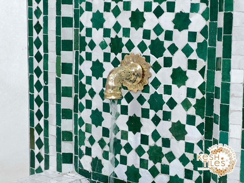 Azrou - Emerald Green Mosaic Fountain, Moroccan Zellige Indoor Outdoor Fountain