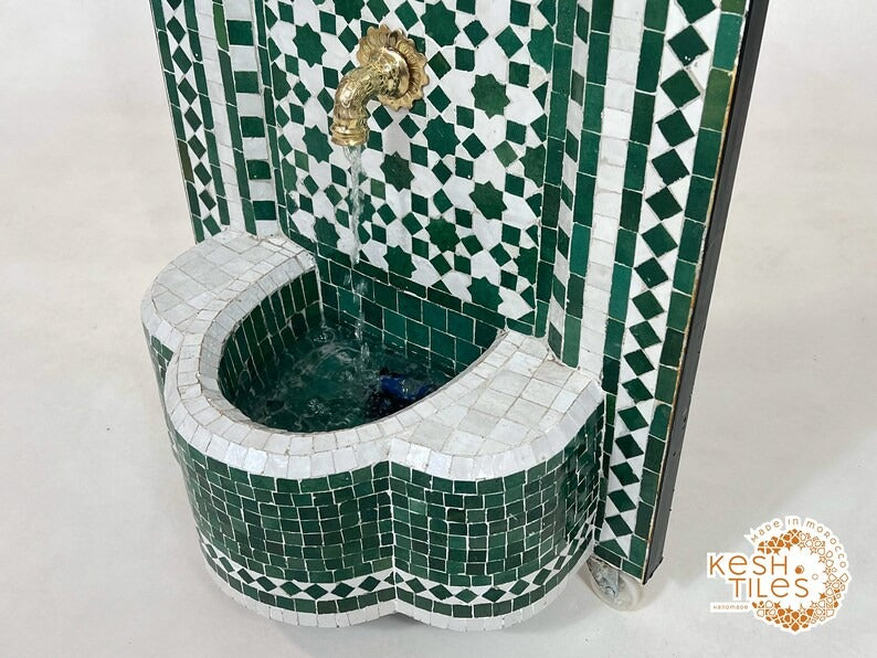 Azrou - Emerald Green Mosaic Fountain, Moroccan Zellige Indoor Outdoor Fountain