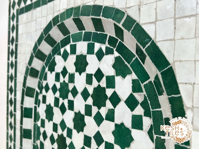 Azrou - Emerald Green Mosaic Fountain, Moroccan Zellige Indoor Outdoor Fountain