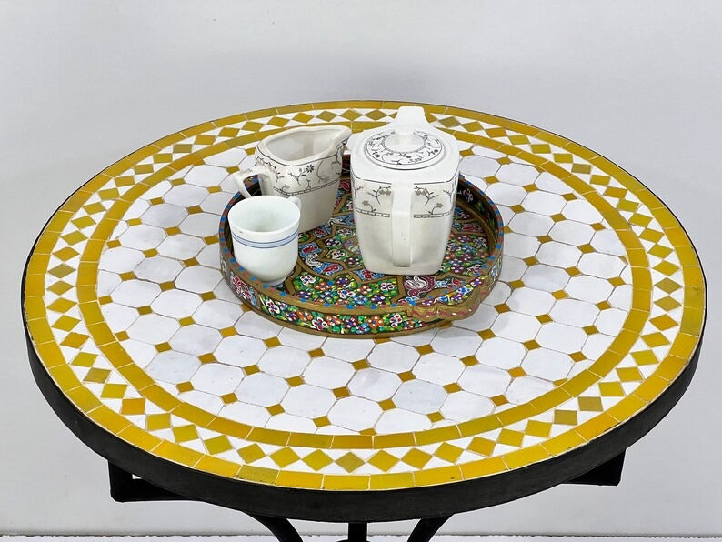 Chemsa - Mustard Yellow Mosaic Table, Handmade Moroccan Zellige Patio Table