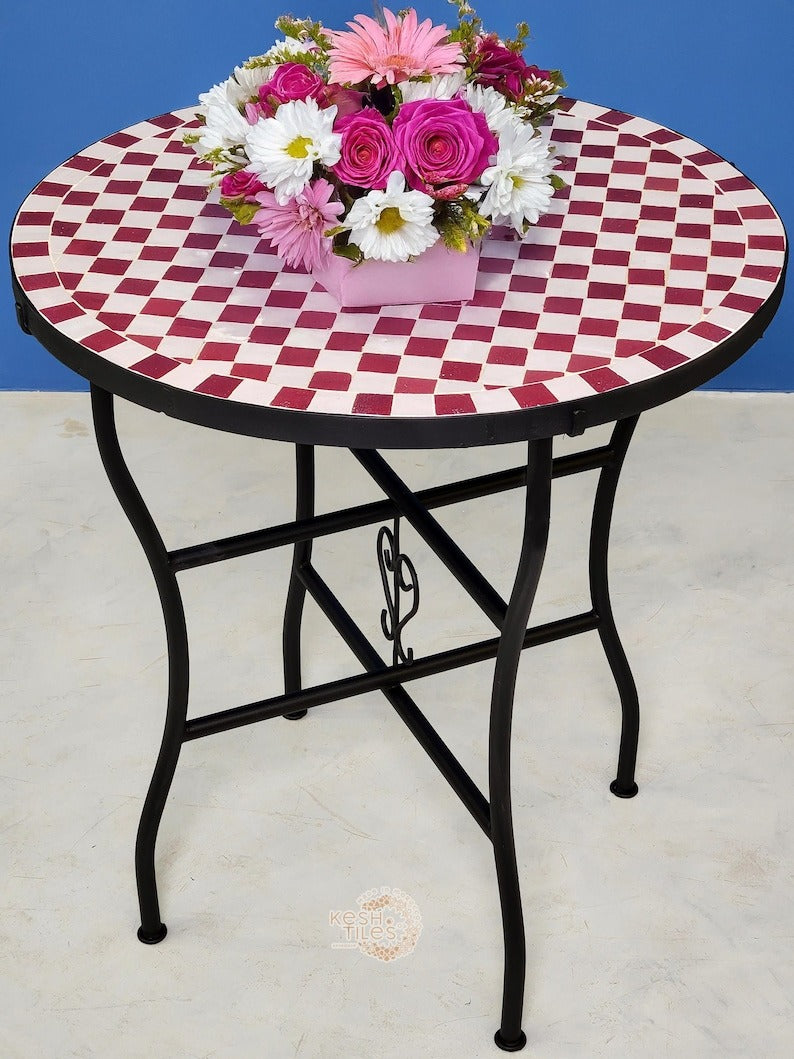 Cordoba - Red Mosaic Table, Handmade Moroccan Zellige Checkered Design