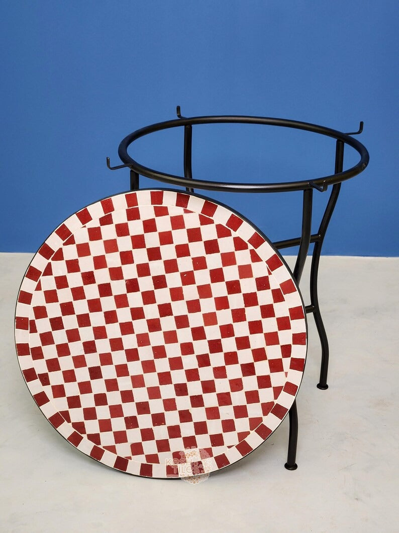 Cordoba - Red Mosaic Table, Handmade Moroccan Zellige Checkered Design