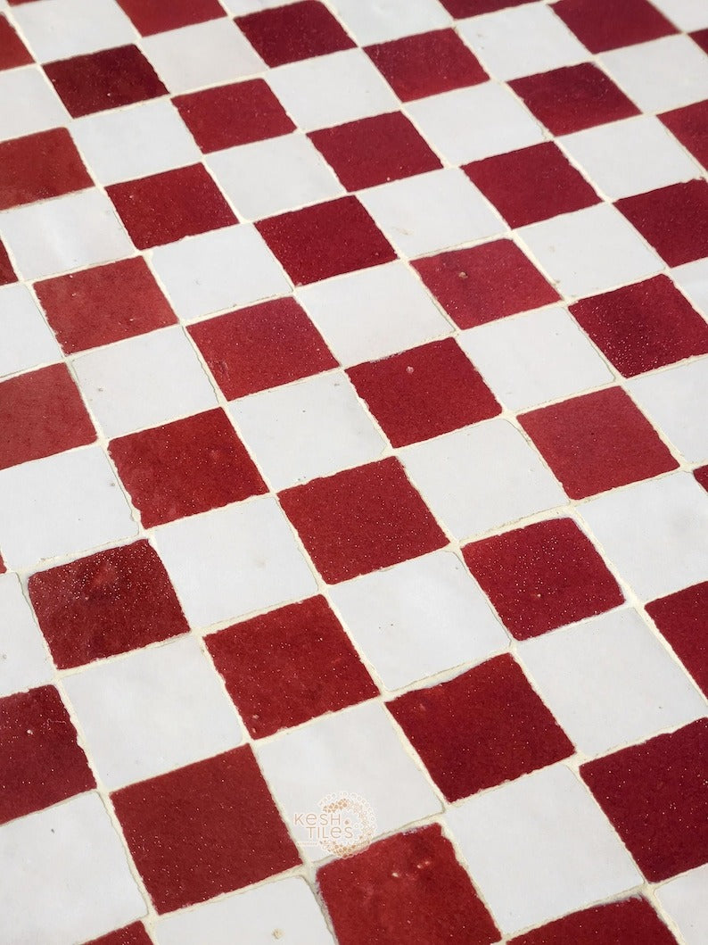 Cordoba - Red Mosaic Table, Handmade Moroccan Zellige Checkered Design