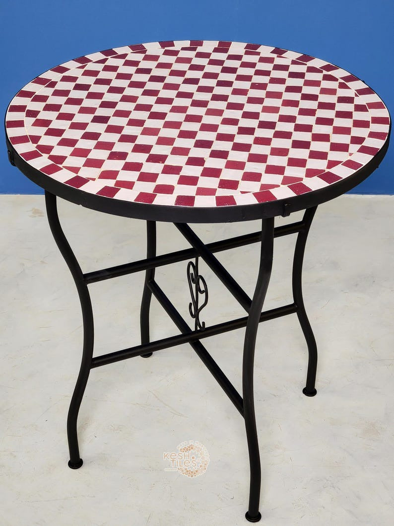 Cordoba - Red Mosaic Table, Handmade Moroccan Zellige Checkered Design