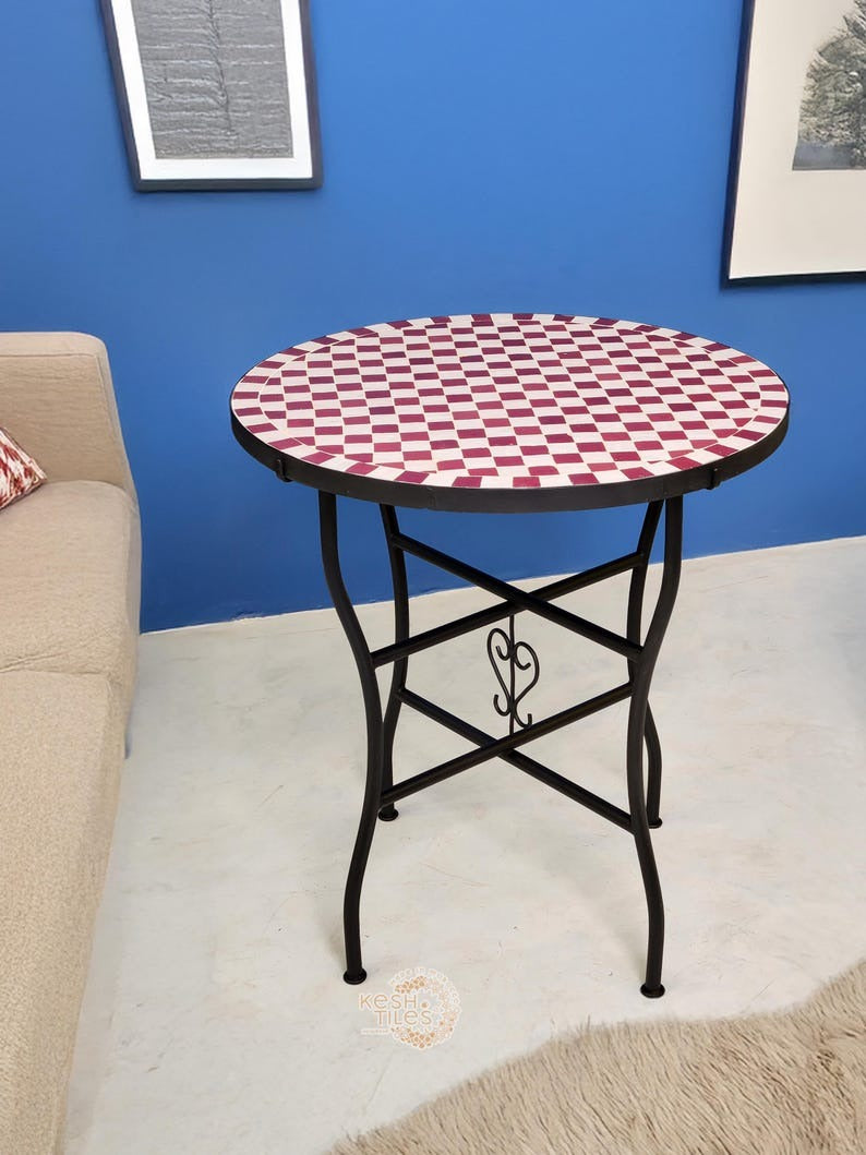 Cordoba - Red Mosaic Table, Handmade Moroccan Zellige Checkered Design