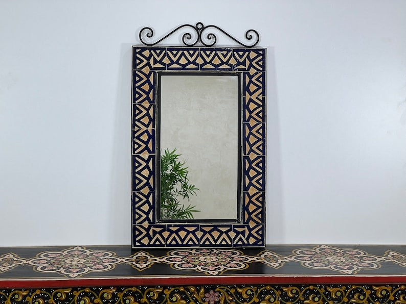 Cyrus - Blue Beige Mosaic Mirror, Handmade Moroccan Zellige Wall Mirror