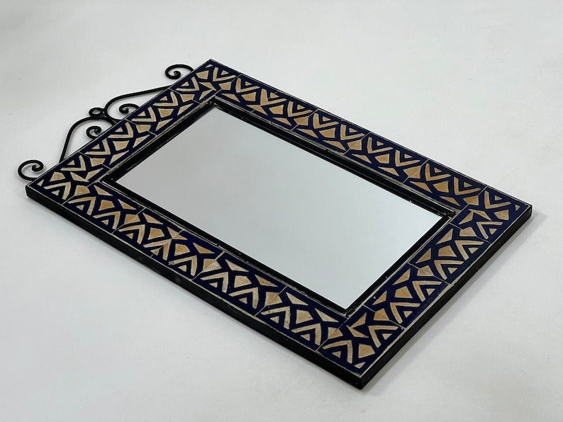 Cyrus - Blue Beige Mosaic Mirror, Handmade Moroccan Zellige Wall Mirror