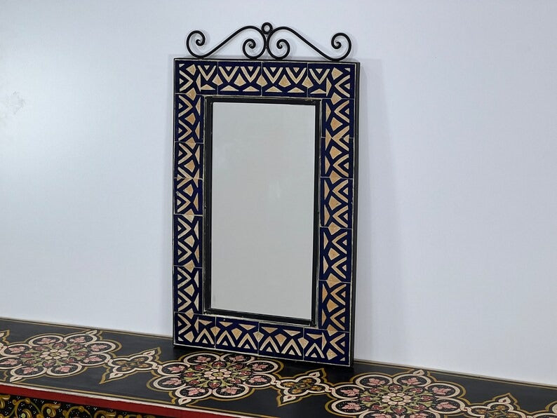 Cyrus - Blue Beige Mosaic Mirror, Handmade Moroccan Zellige Wall Mirror