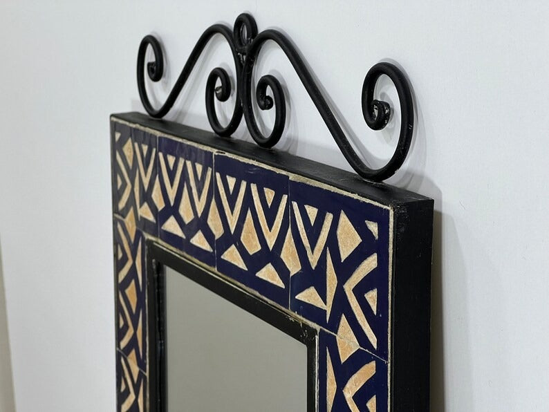 Cyrus - Blue Beige Mosaic Mirror, Handmade Moroccan Zellige Wall Mirror