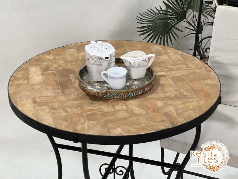 Joud - Biscotti Mosaic Table, Round Handmade Moroccan Zellige Patio Table