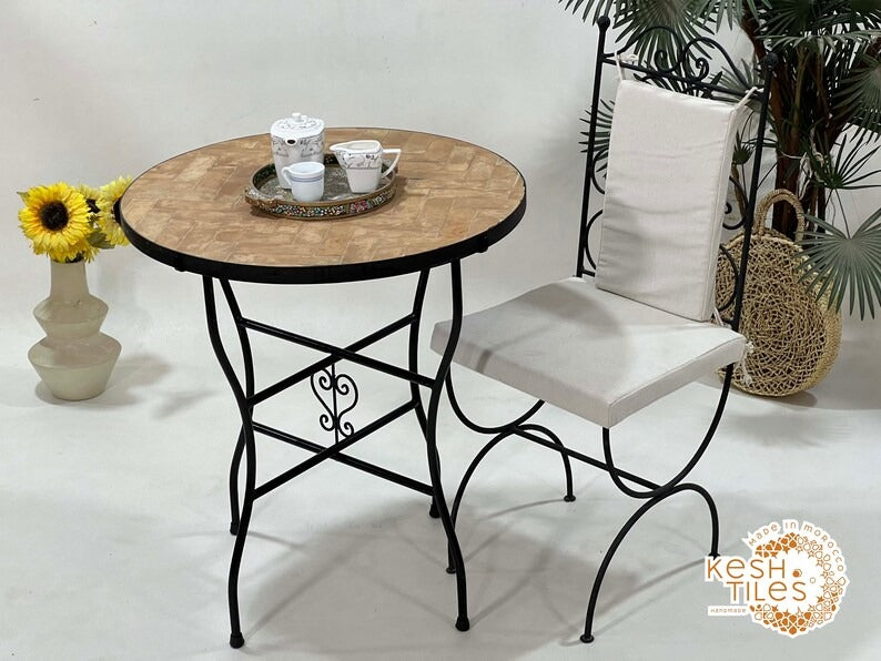 Joud - Biscotti Mosaic Table, Round Handmade Moroccan Zellige Patio Table