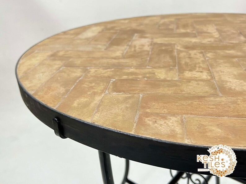 Joud - Biscotti Mosaic Table, Round Handmade Moroccan Zellige Patio Table
