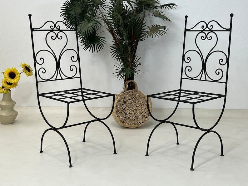 Layth - Black Wrought Iron Chair Set, Handmade Moroccan Seating with Cushions