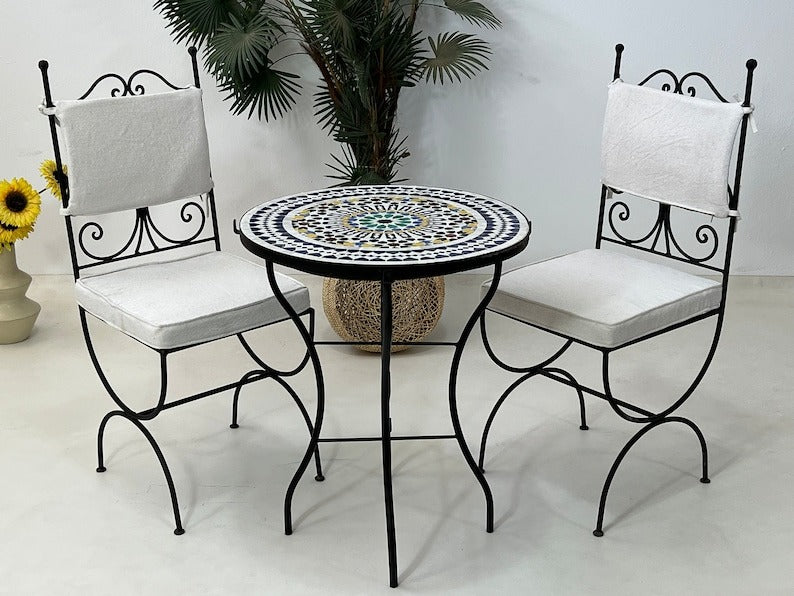Layth - Black Wrought Iron Chair Set, Handmade Moroccan Seating with Cushions