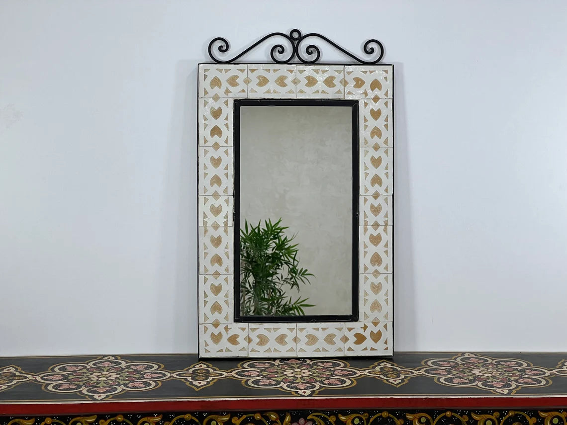 Randa - Beige Mosaic Mirror 16x24, Rectangular Handmade Moroccan Zellige