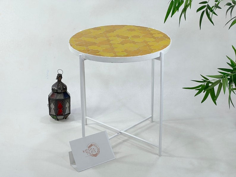 Tanagh - Orange Mosaic Side Table, Handmade Moroccan Zellige Accent Table