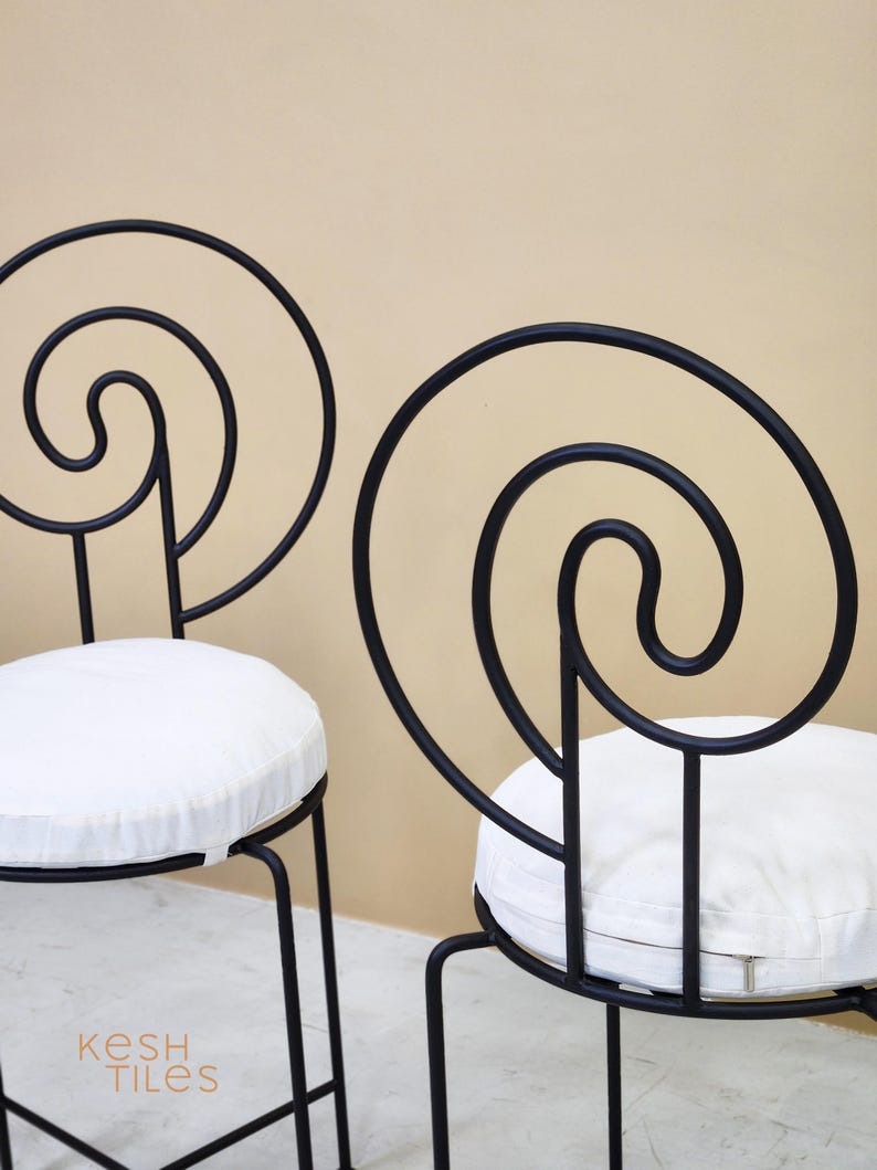 Thiyya  - Iron Spiral Chairs Set, Handmade Powder Coated Stools with Cushions