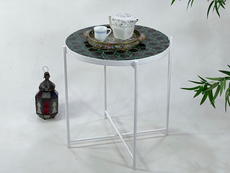 Tifawin - Green Mosaic Table, Handmade Moroccan Zellige Garden Table