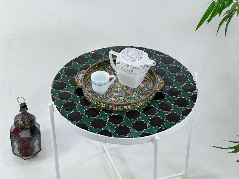 Tifawin - Green Mosaic Table, Handmade Moroccan Zellige Garden Table