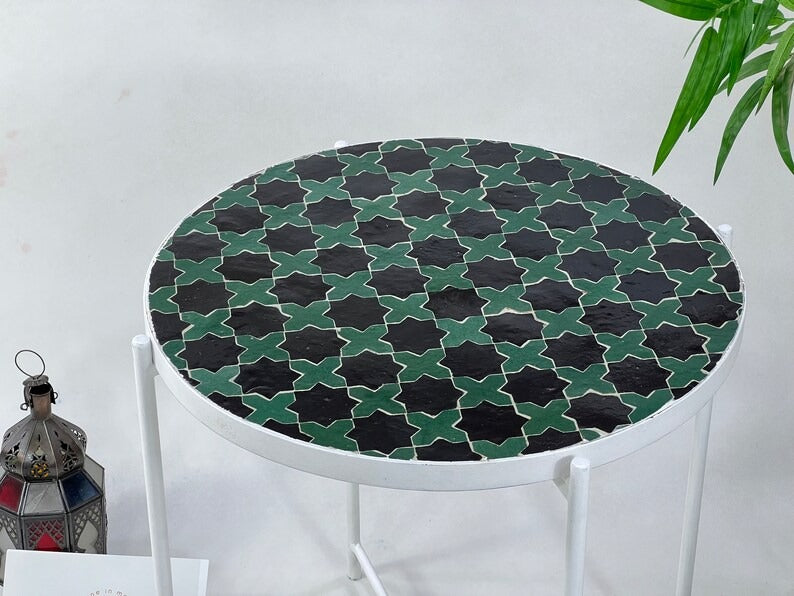 Tifawin - Green Mosaic Table, Handmade Moroccan Zellige Garden Table