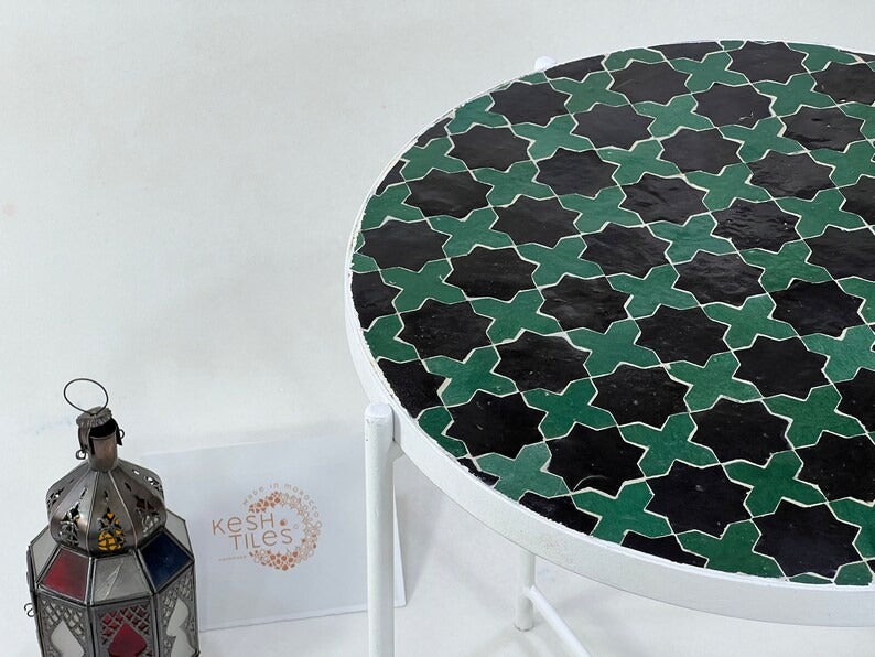 Tifawin - Green Mosaic Table, Handmade Moroccan Zellige Garden Table