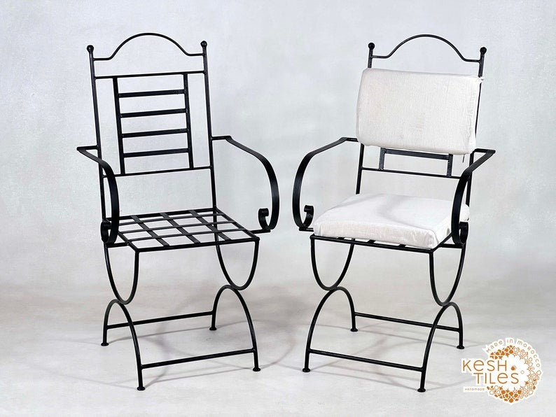 Yuba - Moroccan Wrought Iron Bistro Chairs, Black Handmade Seating with Cushions