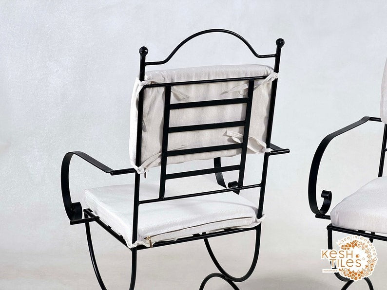 Yuba - Moroccan Wrought Iron Bistro Chairs, Black Handmade Seating with Cushions