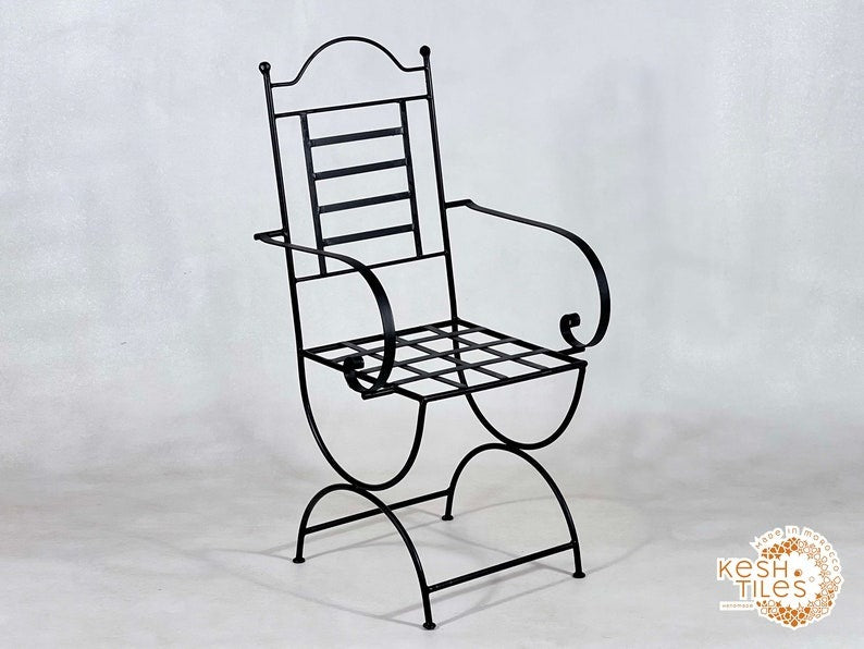 Yuba - Moroccan Wrought Iron Bistro Chairs, Black Handmade Seating with Cushions