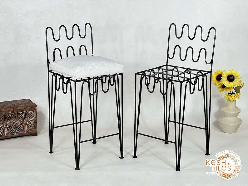 Yumna - Handmade Moroccan Wrought Iron Stool – Black Handpainted Indoor/Outdoor Chair with Free Upholstery