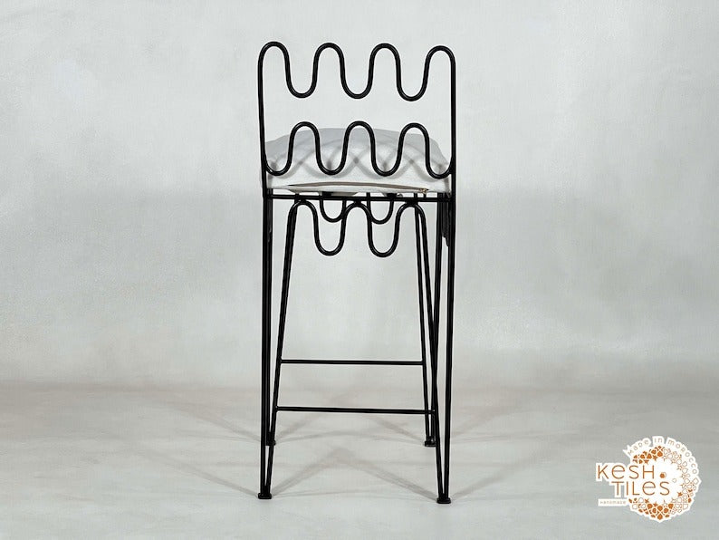 Yumna - Handmade Moroccan Wrought Iron Stool – Black Handpainted Indoor/Outdoor Chair with Free Upholstery