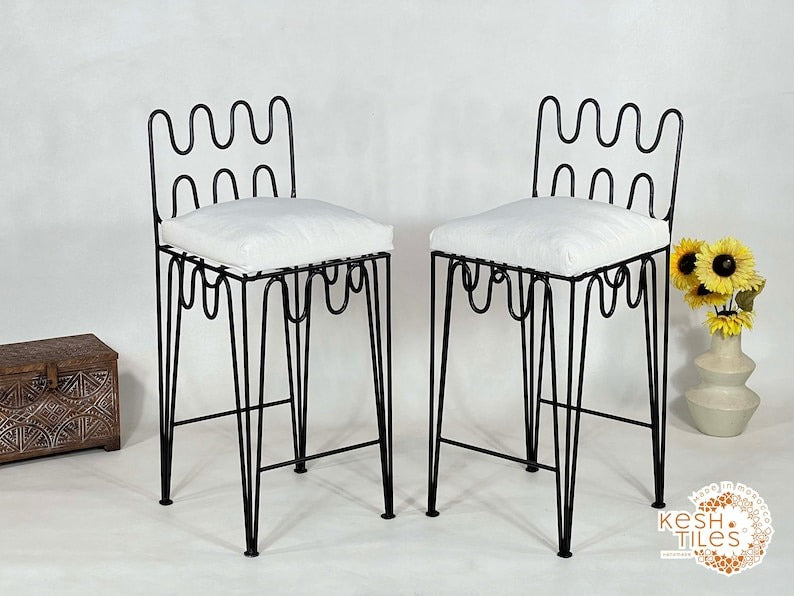 Yumna - Handmade Moroccan Wrought Iron Stool – Black Handpainted Indoor/Outdoor Chair with Free Upholstery