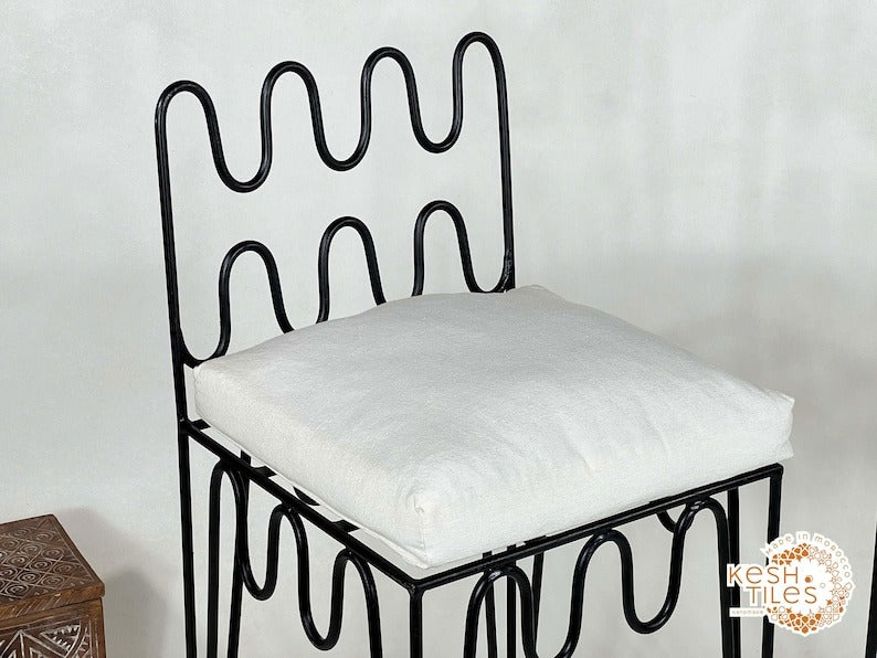 Yumna - Handmade Moroccan Wrought Iron Stool – Black Handpainted Indoor/Outdoor Chair with Free Upholstery