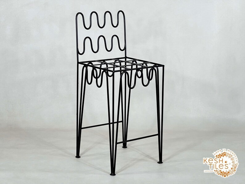 Yumna - Handmade Moroccan Wrought Iron Stool – Black Handpainted Indoor/Outdoor Chair with Free Upholstery