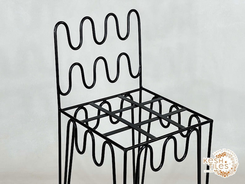 Yumna - Handmade Moroccan Wrought Iron Stool – Black Handpainted Indoor/Outdoor Chair with Free Upholstery