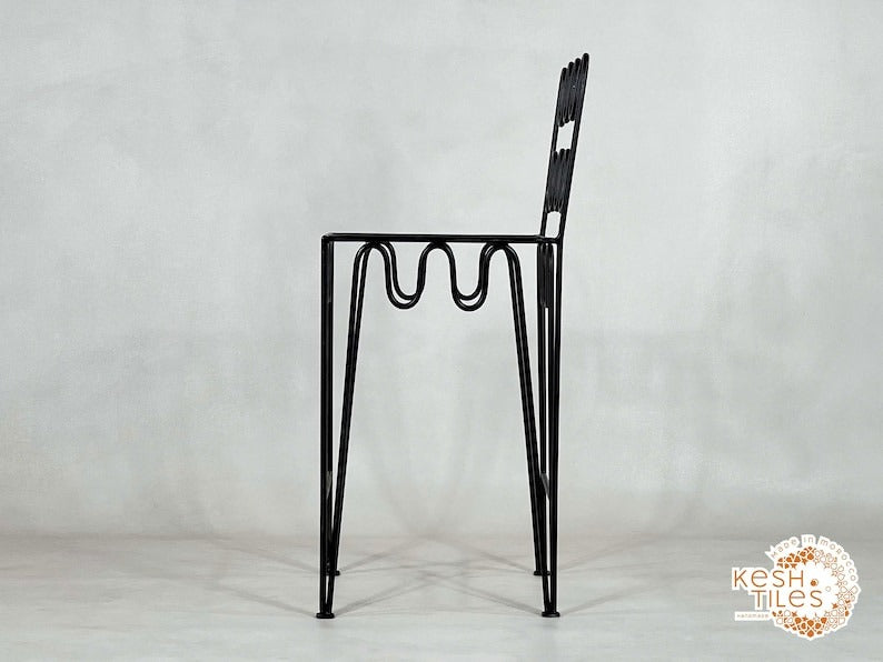 Yumna - Handmade Moroccan Wrought Iron Stool – Black Handpainted Indoor/Outdoor Chair with Free Upholstery