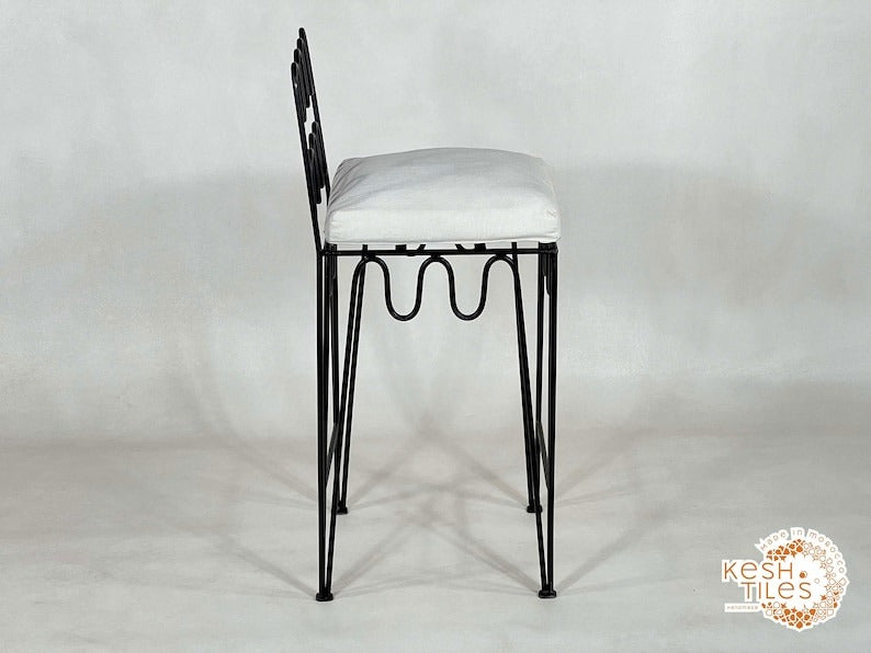 Yumna - Handmade Moroccan Wrought Iron Stool – Black Handpainted Indoor/Outdoor Chair with Free Upholstery