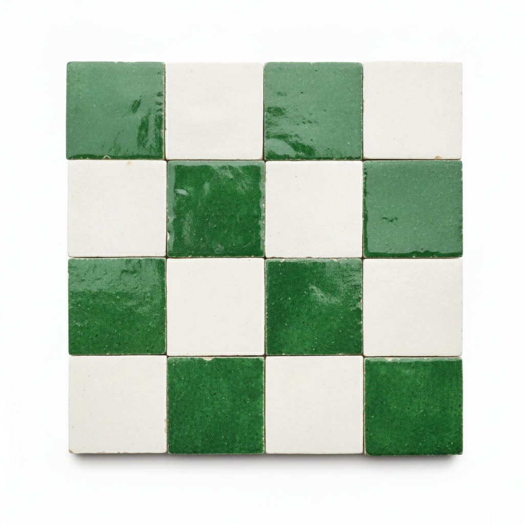 Alili 2×2 Green and White Checkerboard Zellige Tile