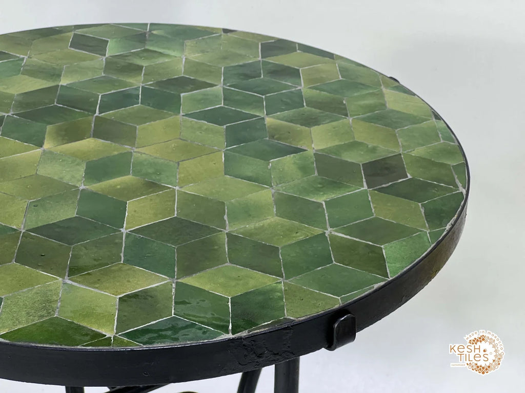 Amina - Seaweed Green Mosaic Table, Geometric Ceramic Outdoor Table